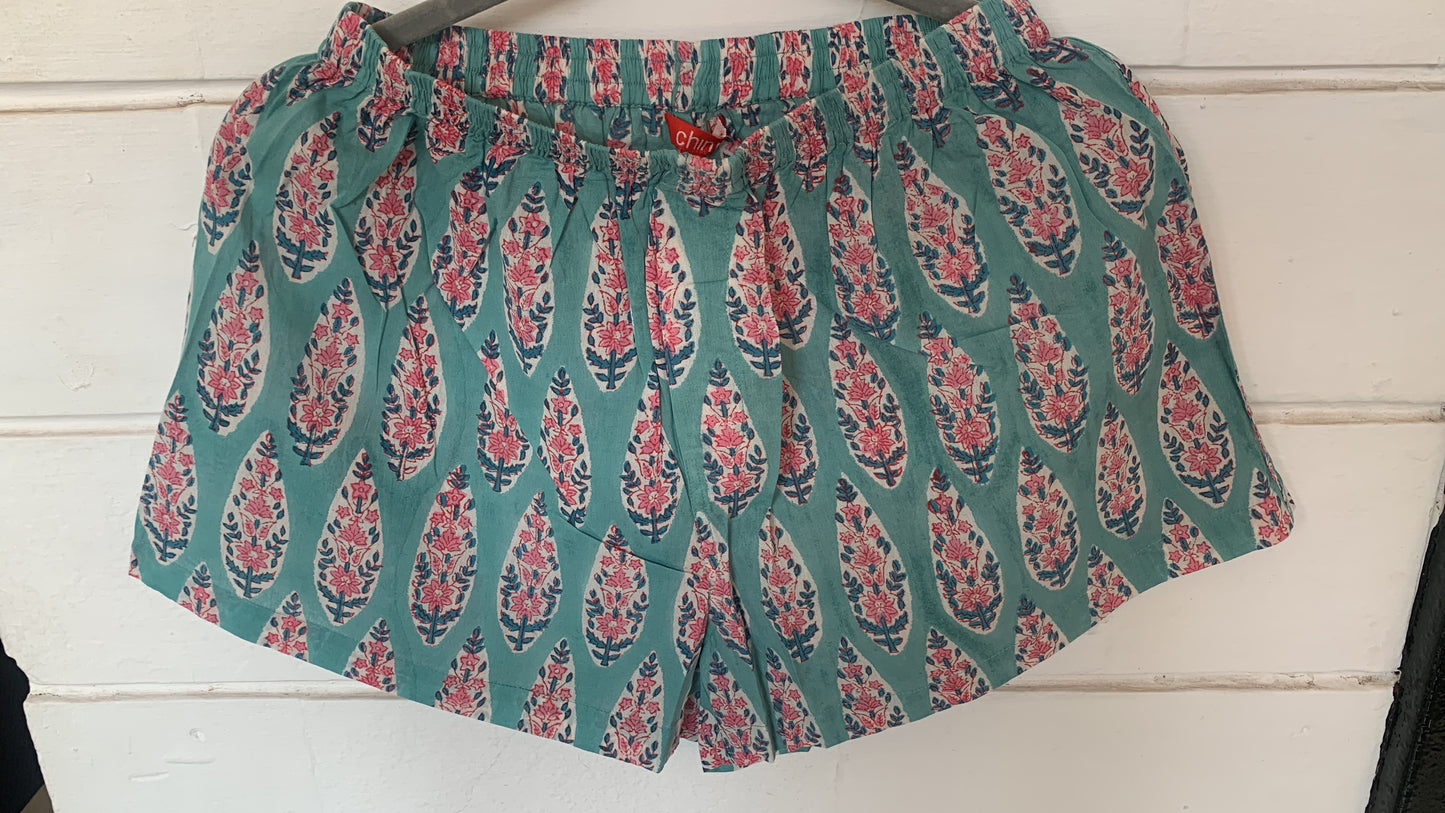 Teal Floral Hand Block Print Boxer Shorts