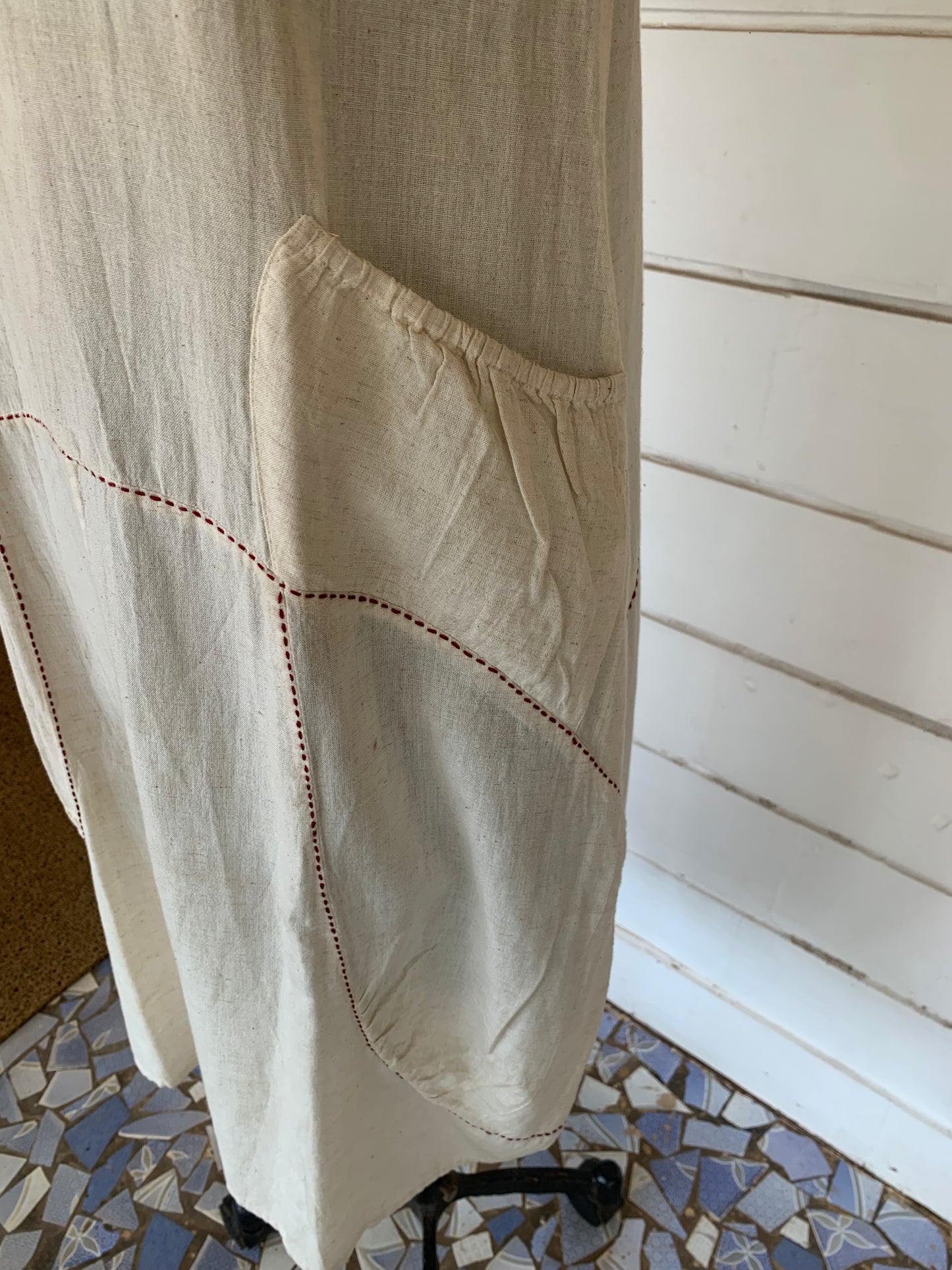 Off White Julia Dress with Maroon Kanta Stitches