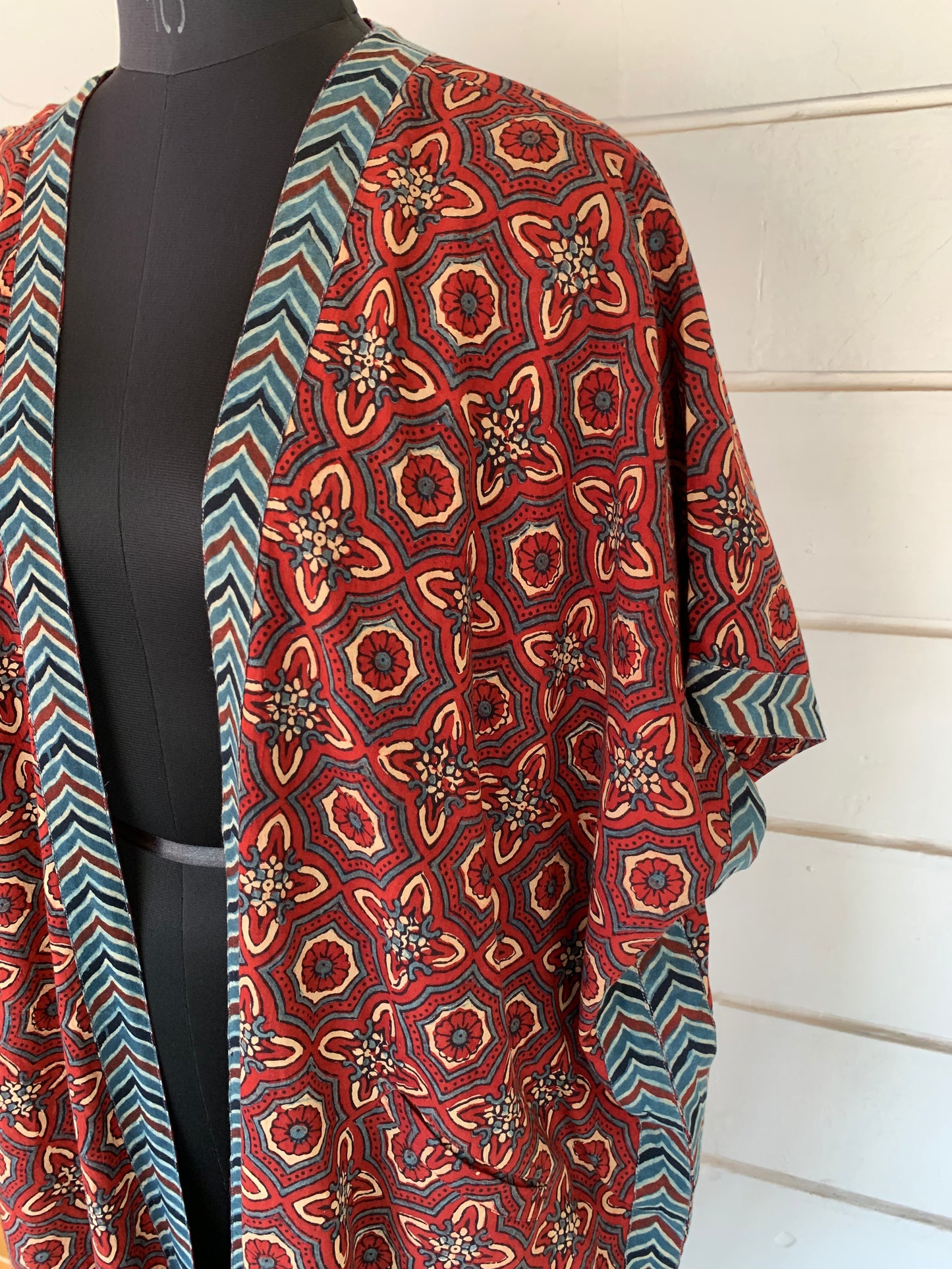 Red Ajrakh Block Print Kimono Shrug with Pockets