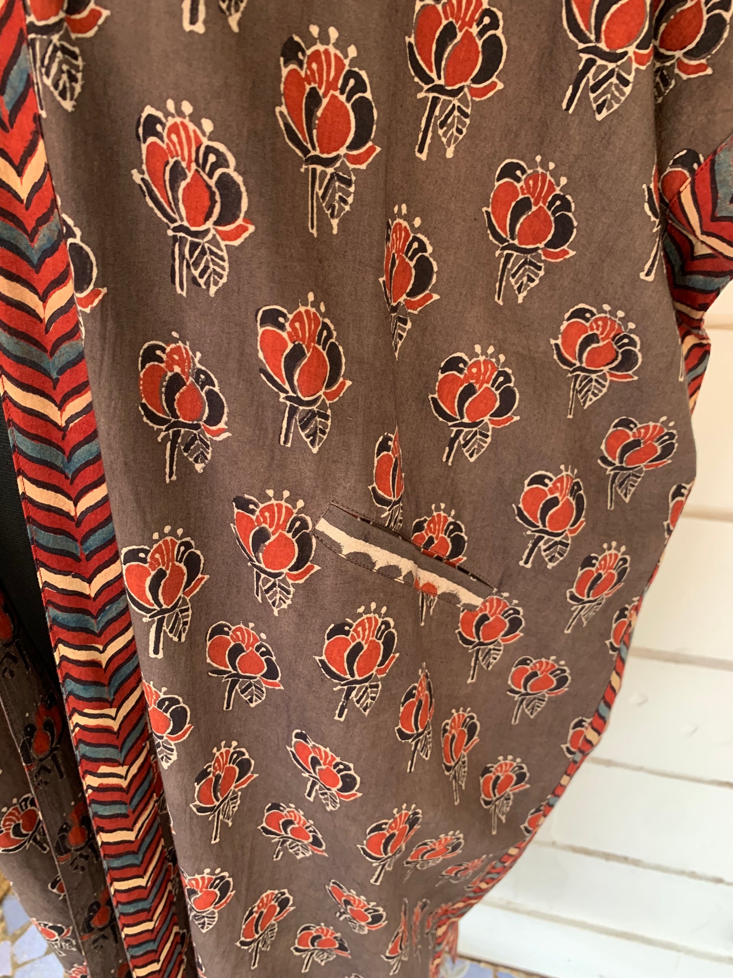 Brown Ajrakh Block Print Kimono Shrug with Pockets