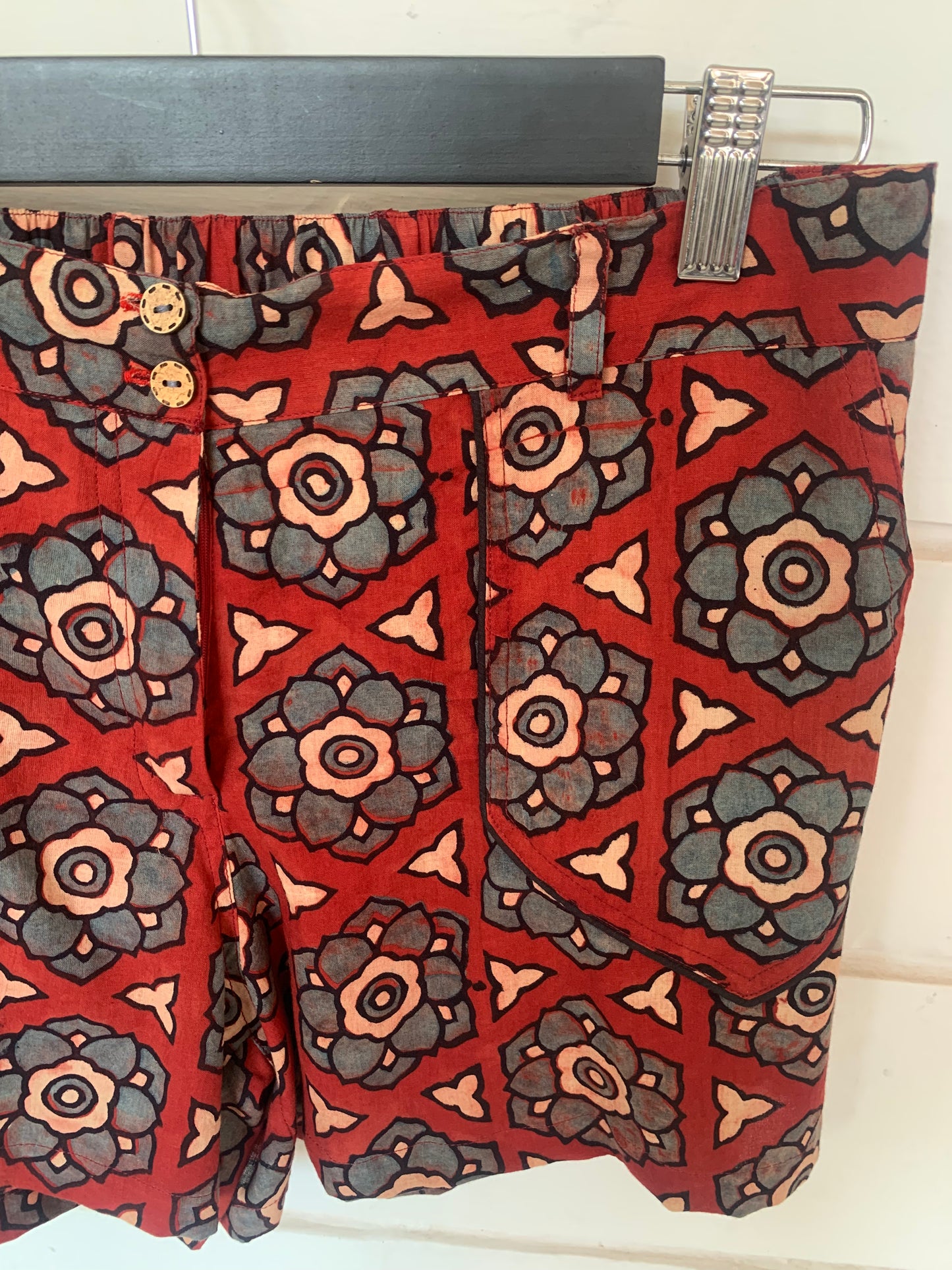 Red Geometric Floral Hand Block Print Palolem Shorts