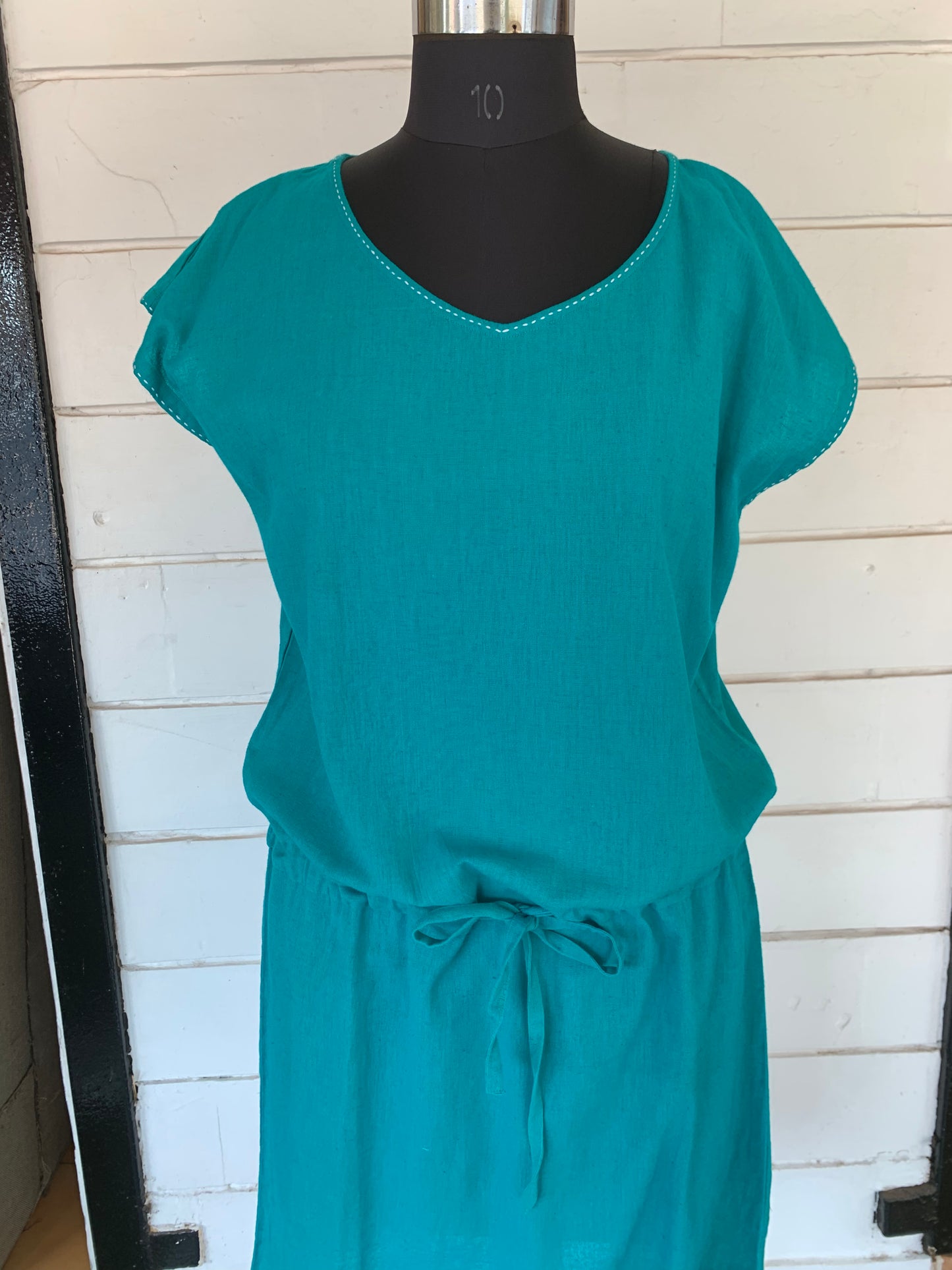 Teal Linen Pixie Dress with White Kanta Stiches