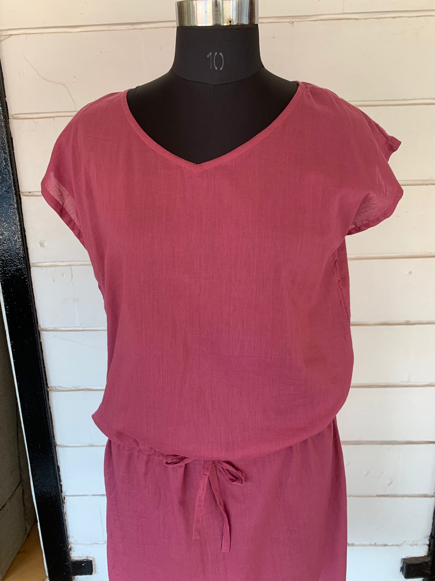 Old Rose Linen Pixie Dress with White Kanta Stiches