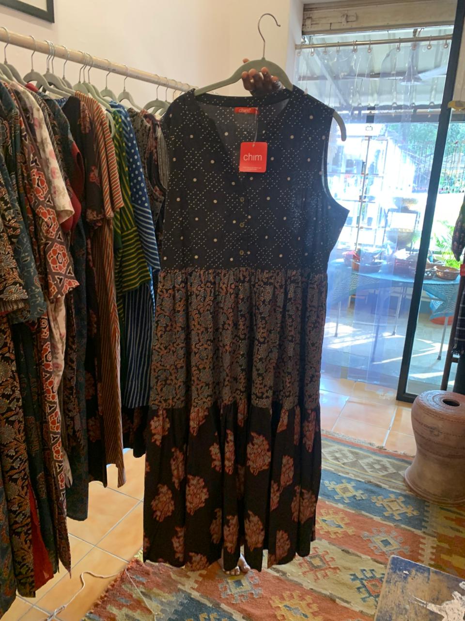 Black Polka Dots Hand Block Print Donna Dress 1333