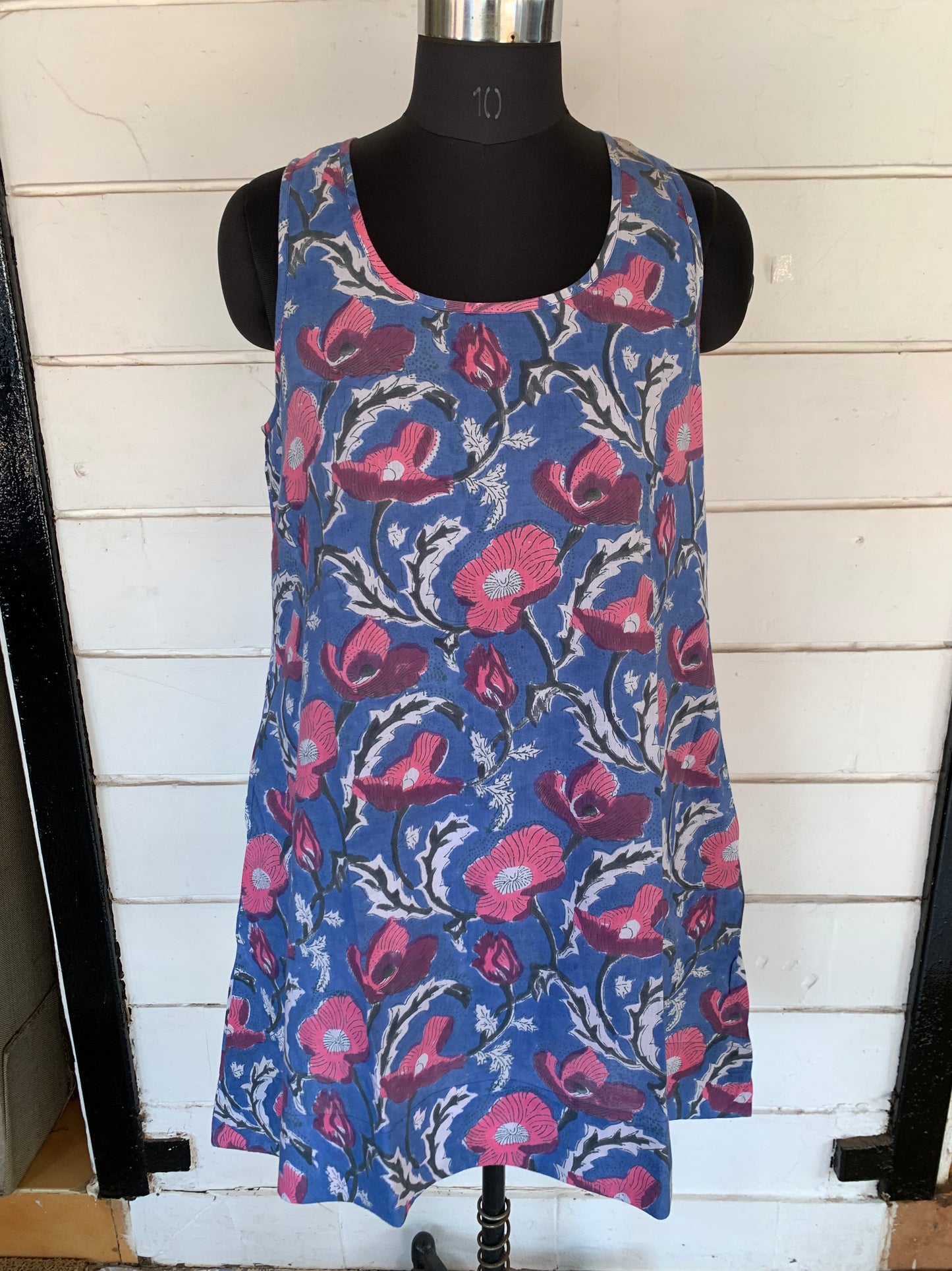 Blue Floral Hand Block Print A-Line Dress