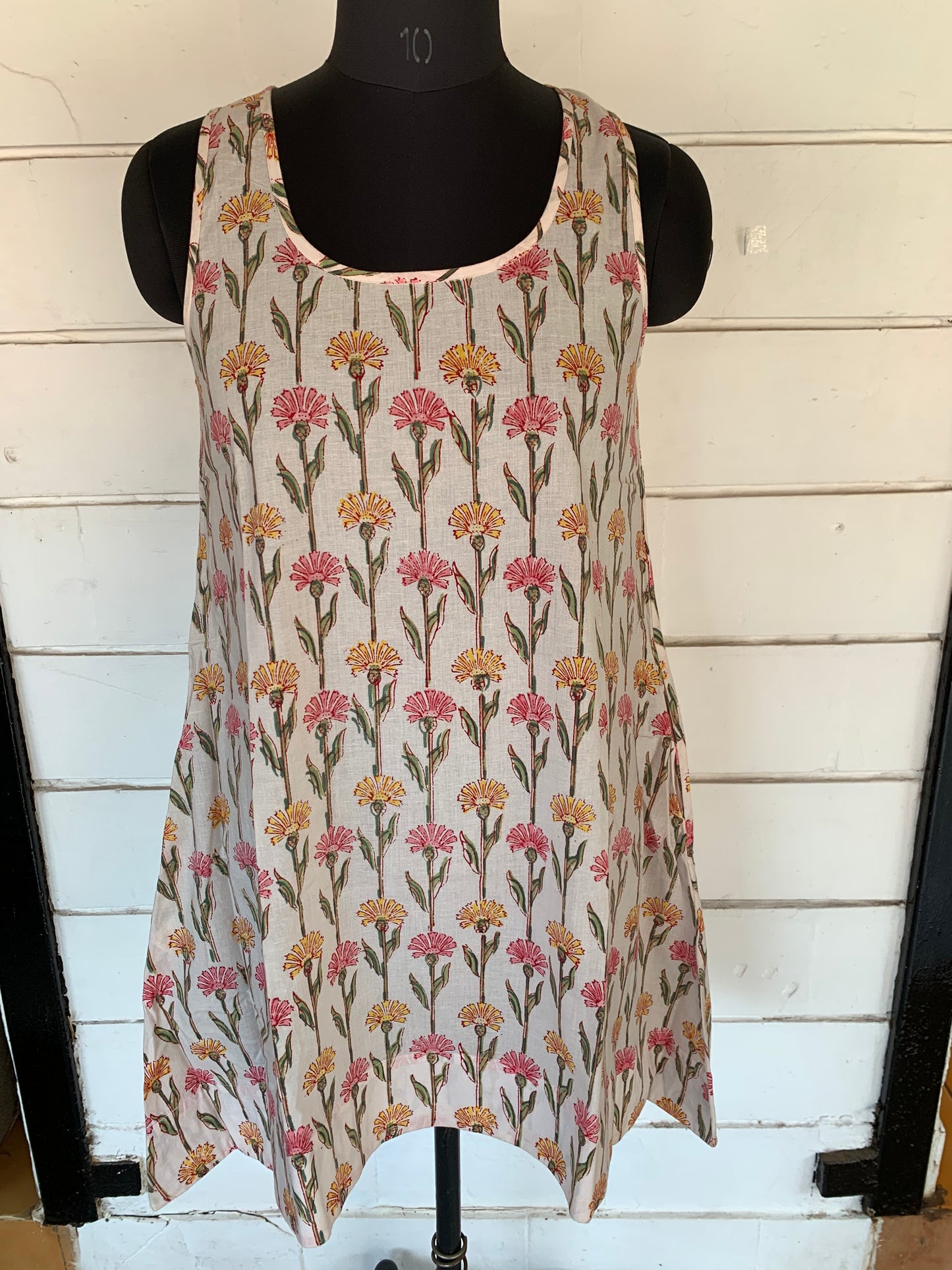 White Floral Hand Block Print A-Line Dress