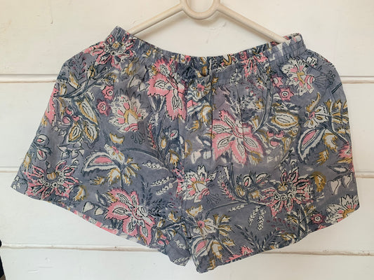 Gray Floral Hand Block Print Boxer Shorts