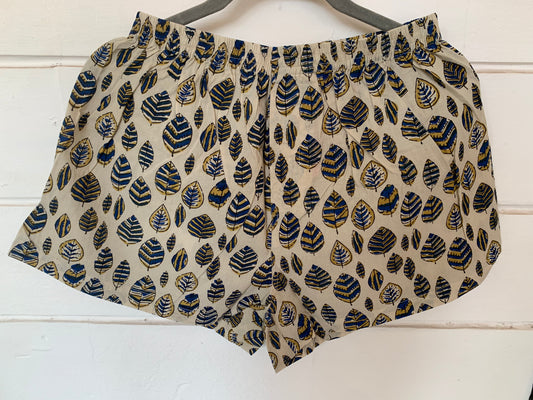 Beige Leaf Hand Block Print Boxer Shorts