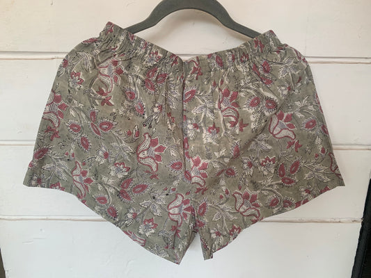 Sage Green Floral Hand Block Print Boxer Shorts