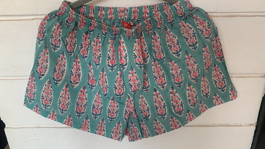 Teal Floral Hand Block Print Boxer Shorts