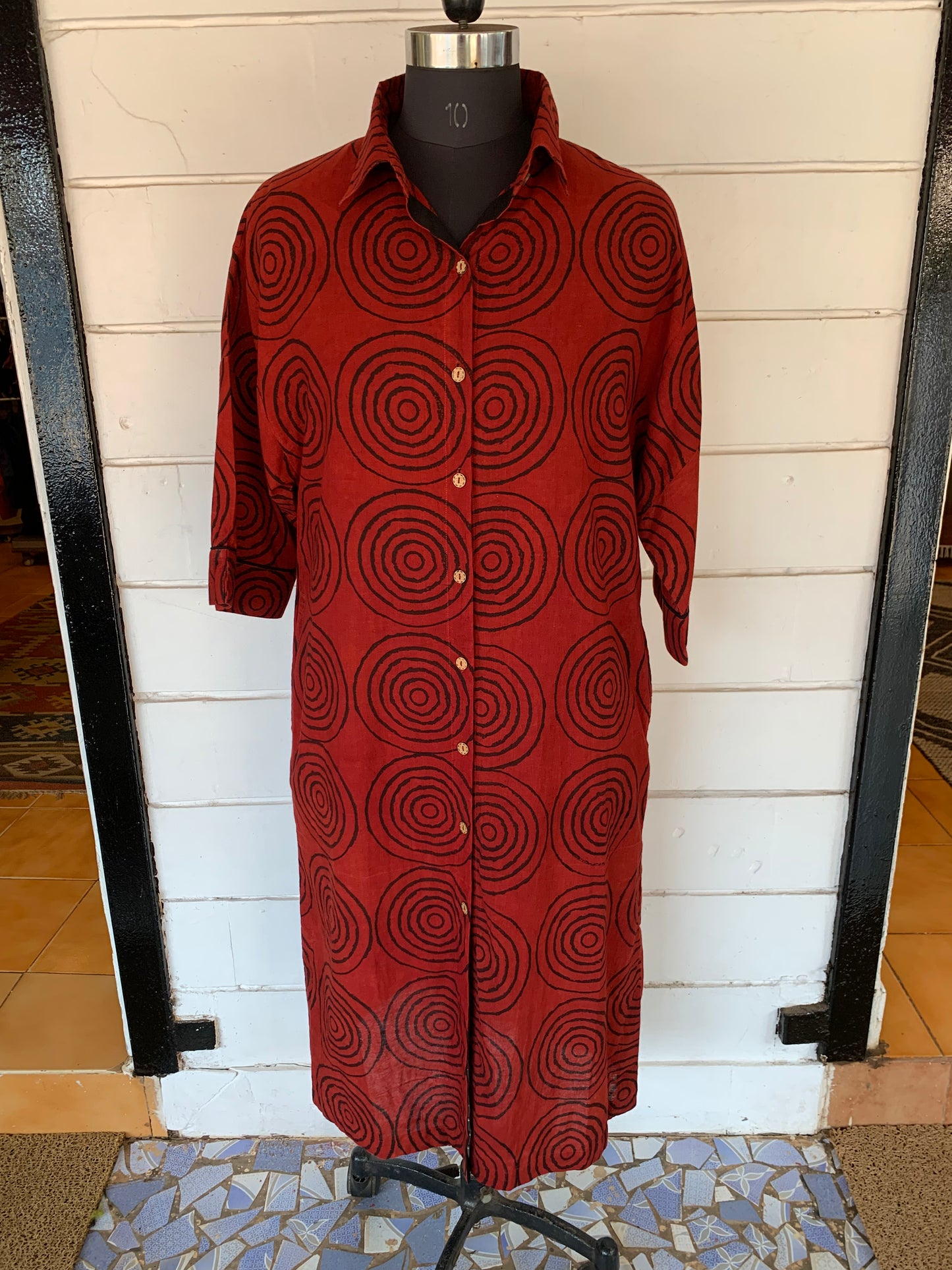 Red Geometric Print Djellabia Dress | Long Sleeve Shirt Style