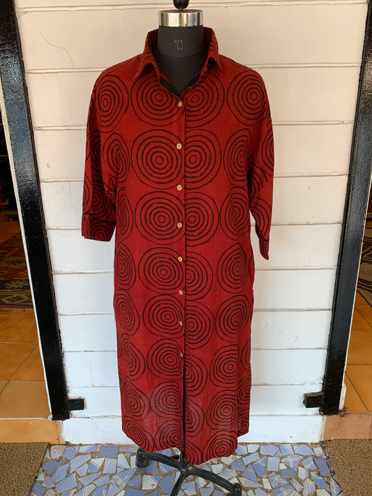 Red Geometric Print Djellabia Dress | Long Sleeve Shirt Style