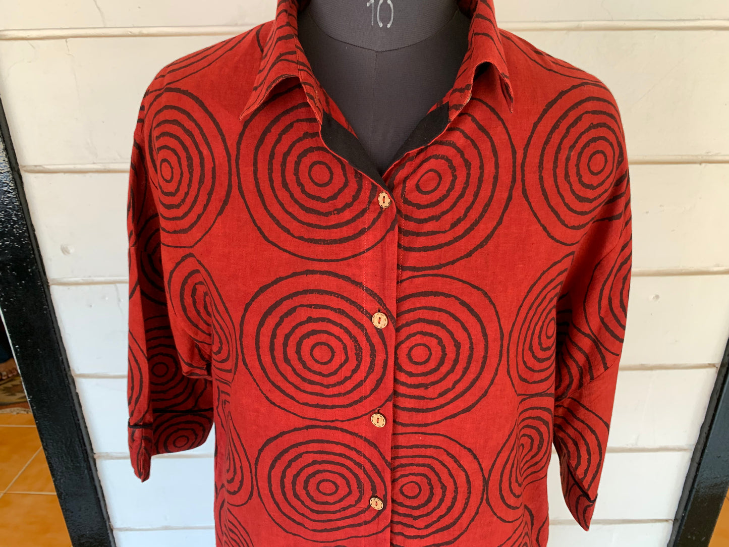 Red Geometric Print Djellabia Dress | Long Sleeve Shirt Style