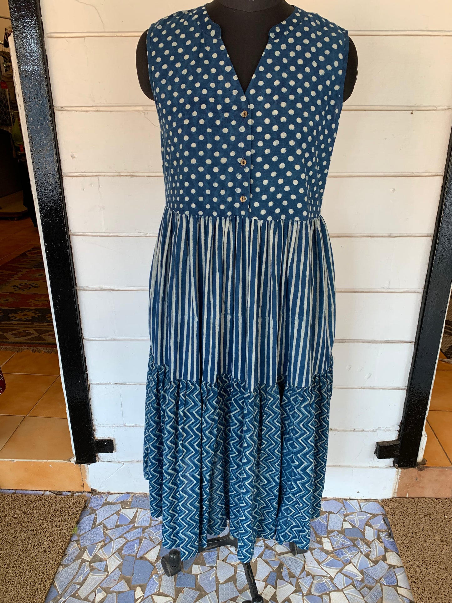 Blue Hand Block Print Donna Dress with Polka Dots