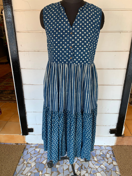 Blue Hand Block Print Donna Dress with Polka Dots