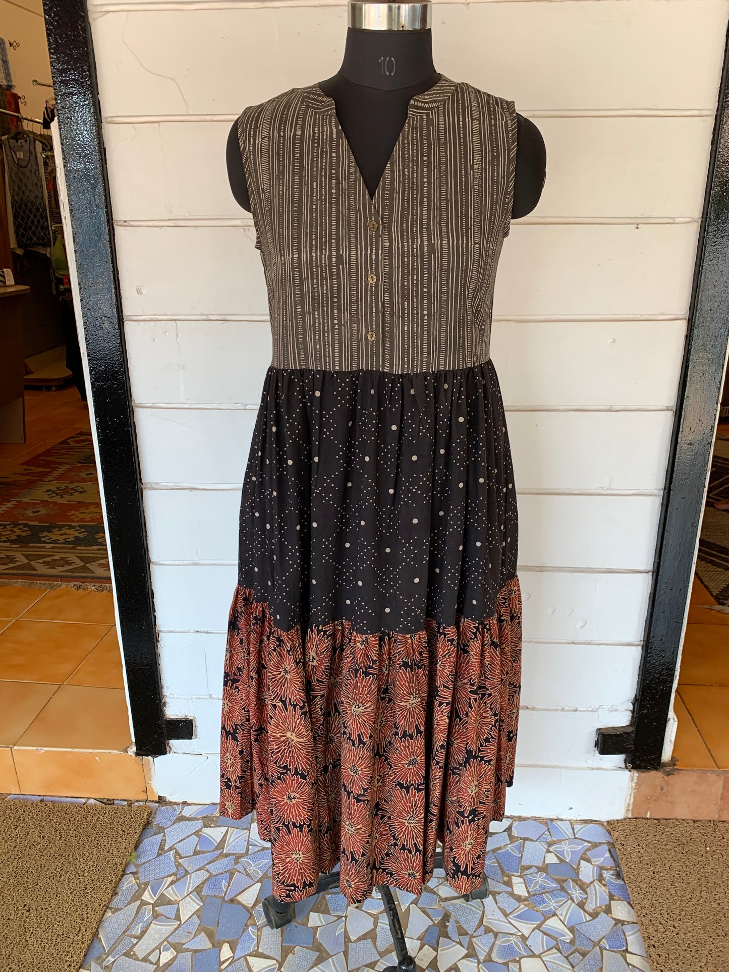 Grey Hand Block Print Donna Dress with Polka Dots