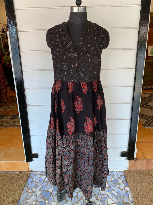 Black Hand Block Print Donna Dress with Polka Dots