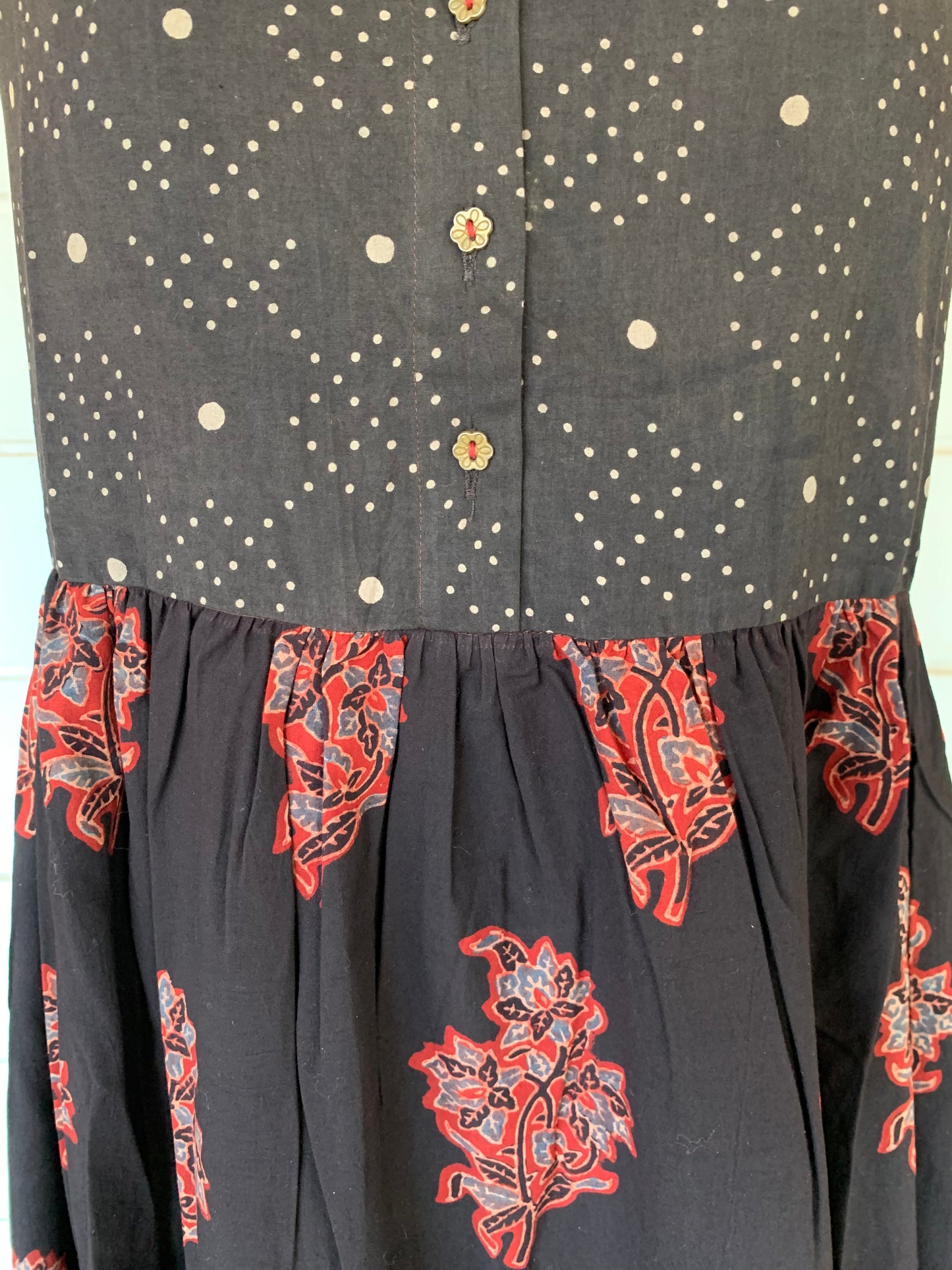 Black Hand Block Print Donna Dress with Polka Dots