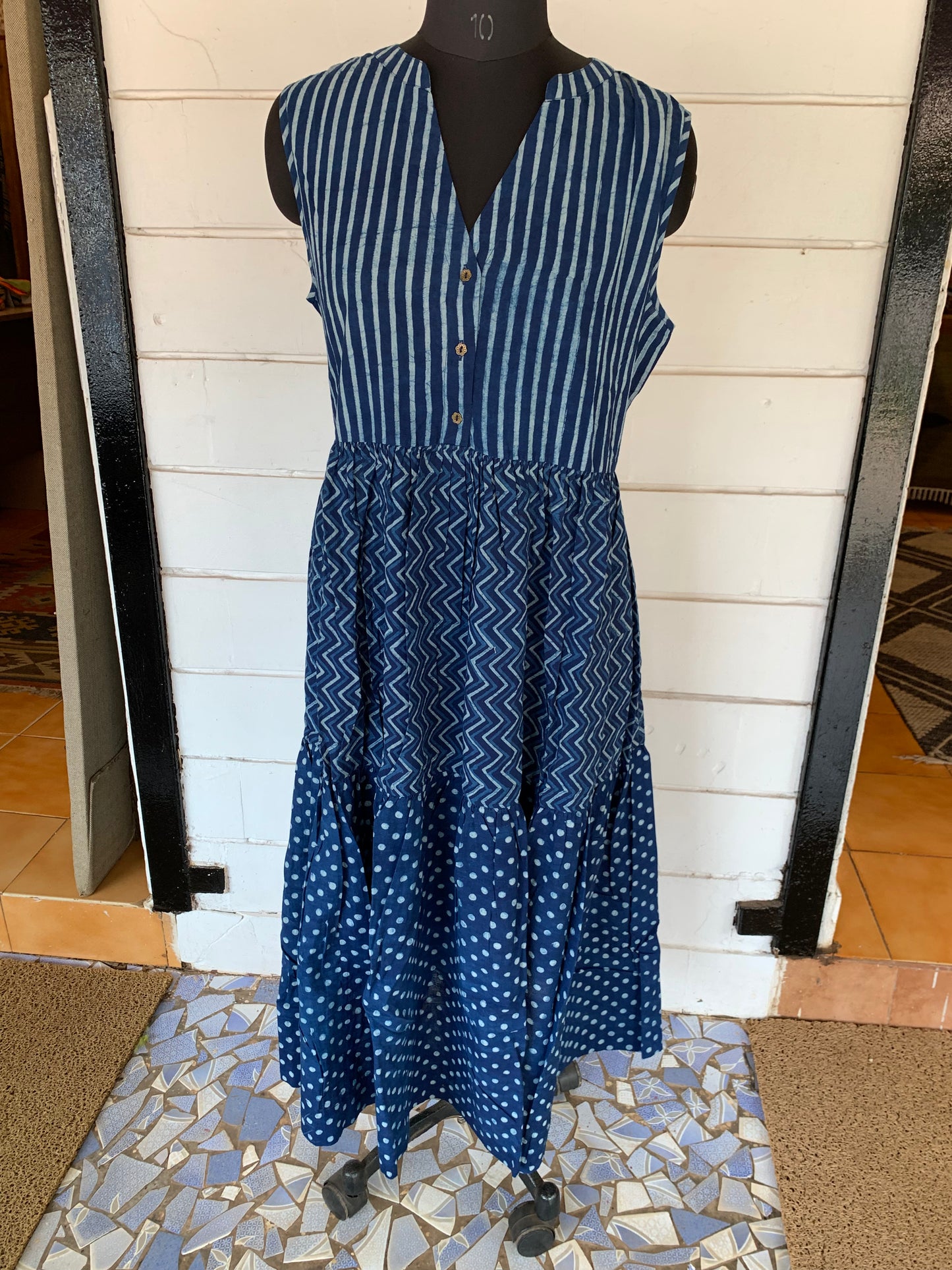 Blue Hand Block Print Donna Dress with Stripes Design