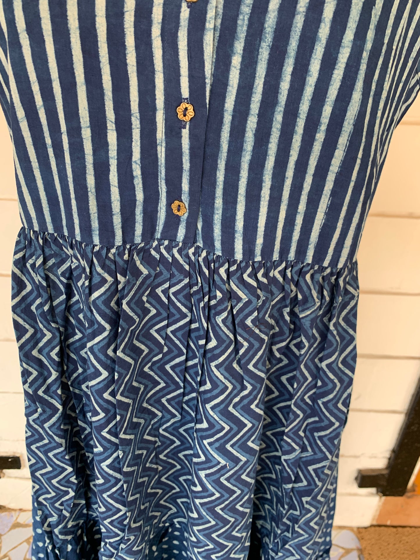 Blue Hand Block Print Donna Dress with Stripes Design