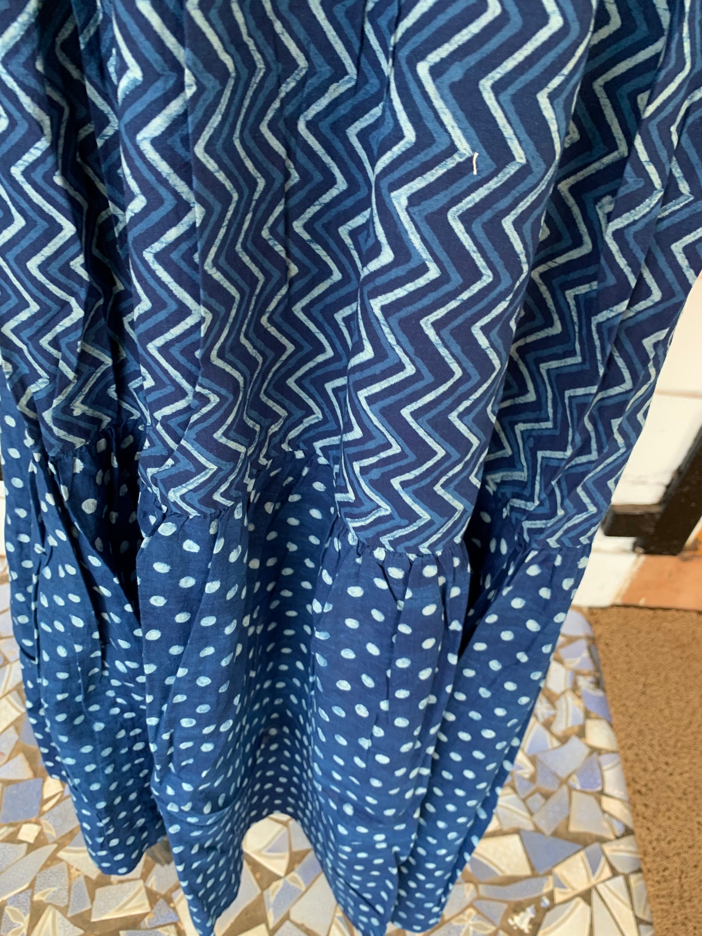 Blue Hand Block Print Donna Dress with Stripes Design