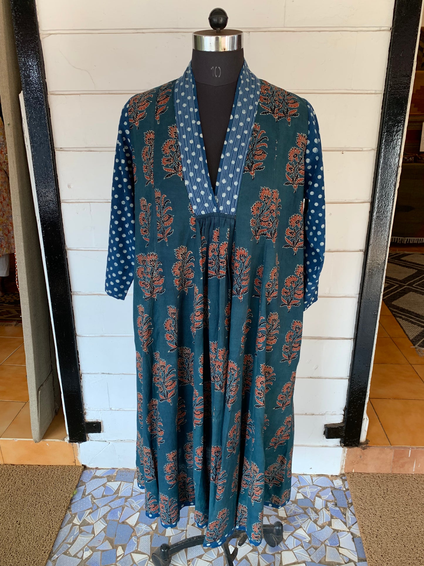 Orange Flowers Print Farzana Dress with Polka Dots Sleeves