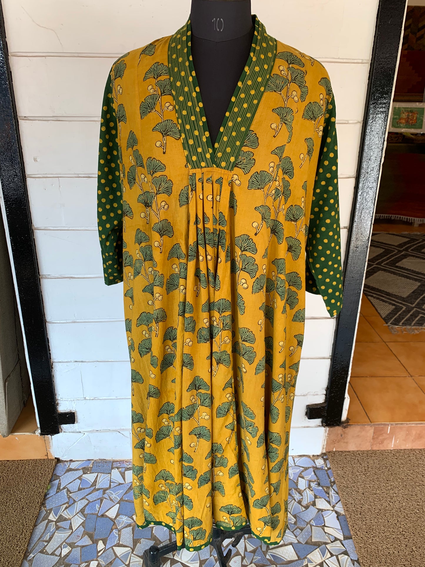 Yellow Farzana Dress with Green Polka Dots Sleeves