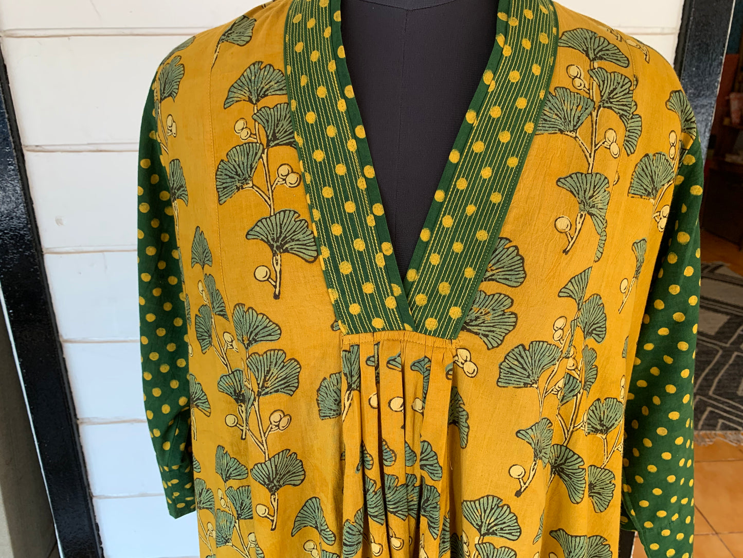 Yellow Farzana Dress with Green Polka Dots Sleeves