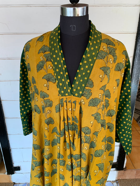 Yellow Farzana Dress with Green Polka Dots Sleeves