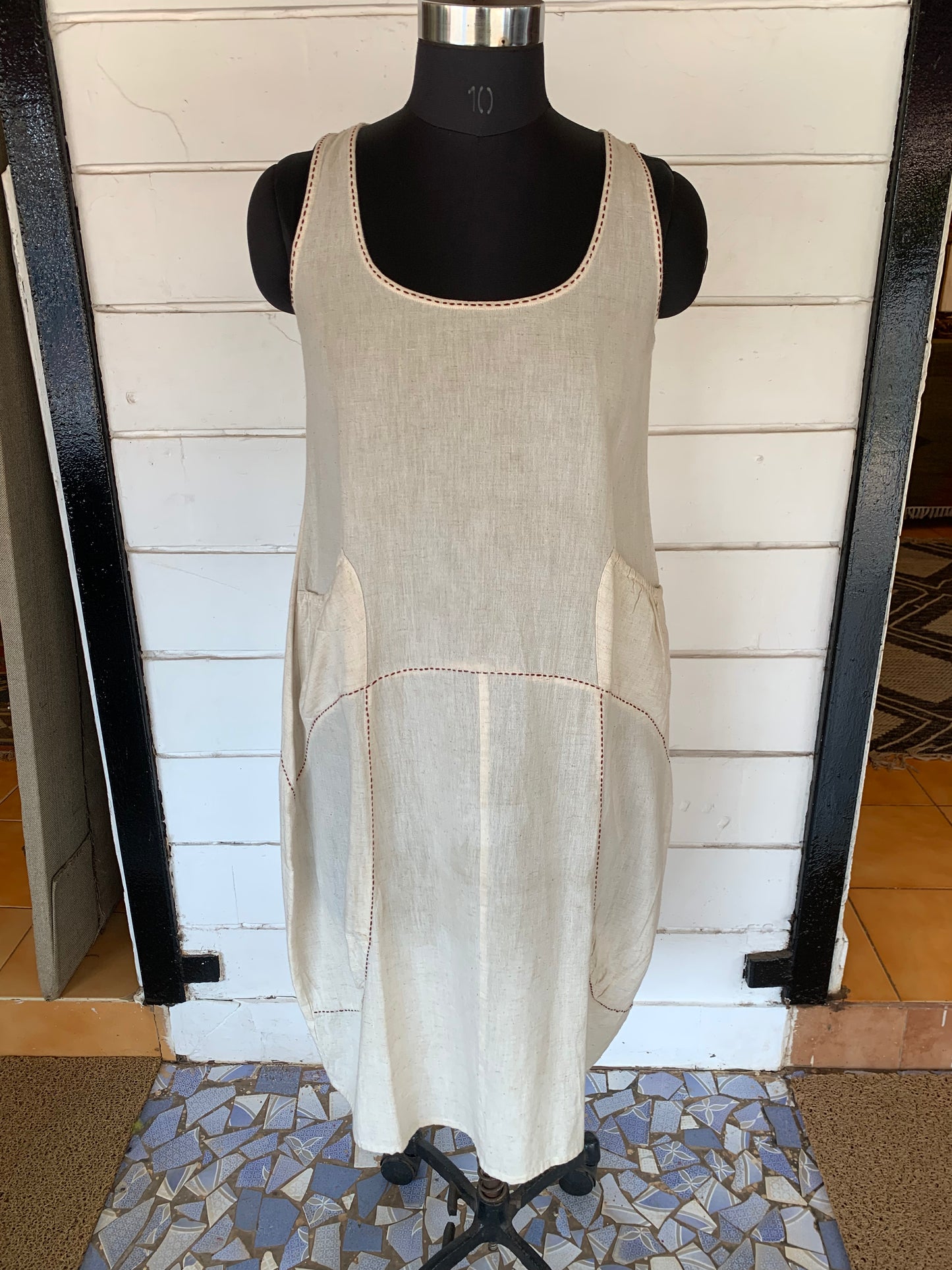 Off White Julia Dress with Maroon Kanta Stitches