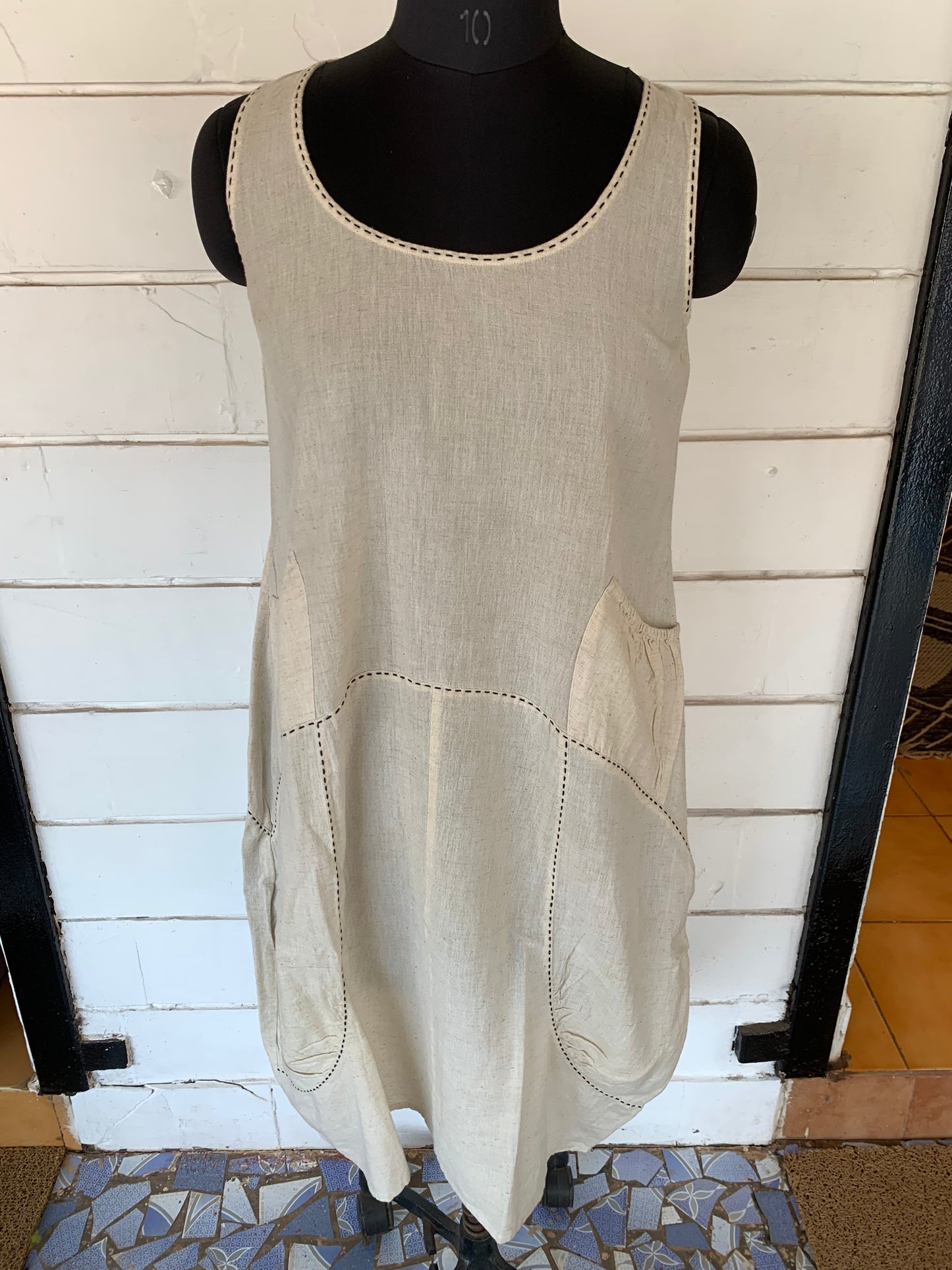 Off White Julia Dress with Black Kanta Stitches