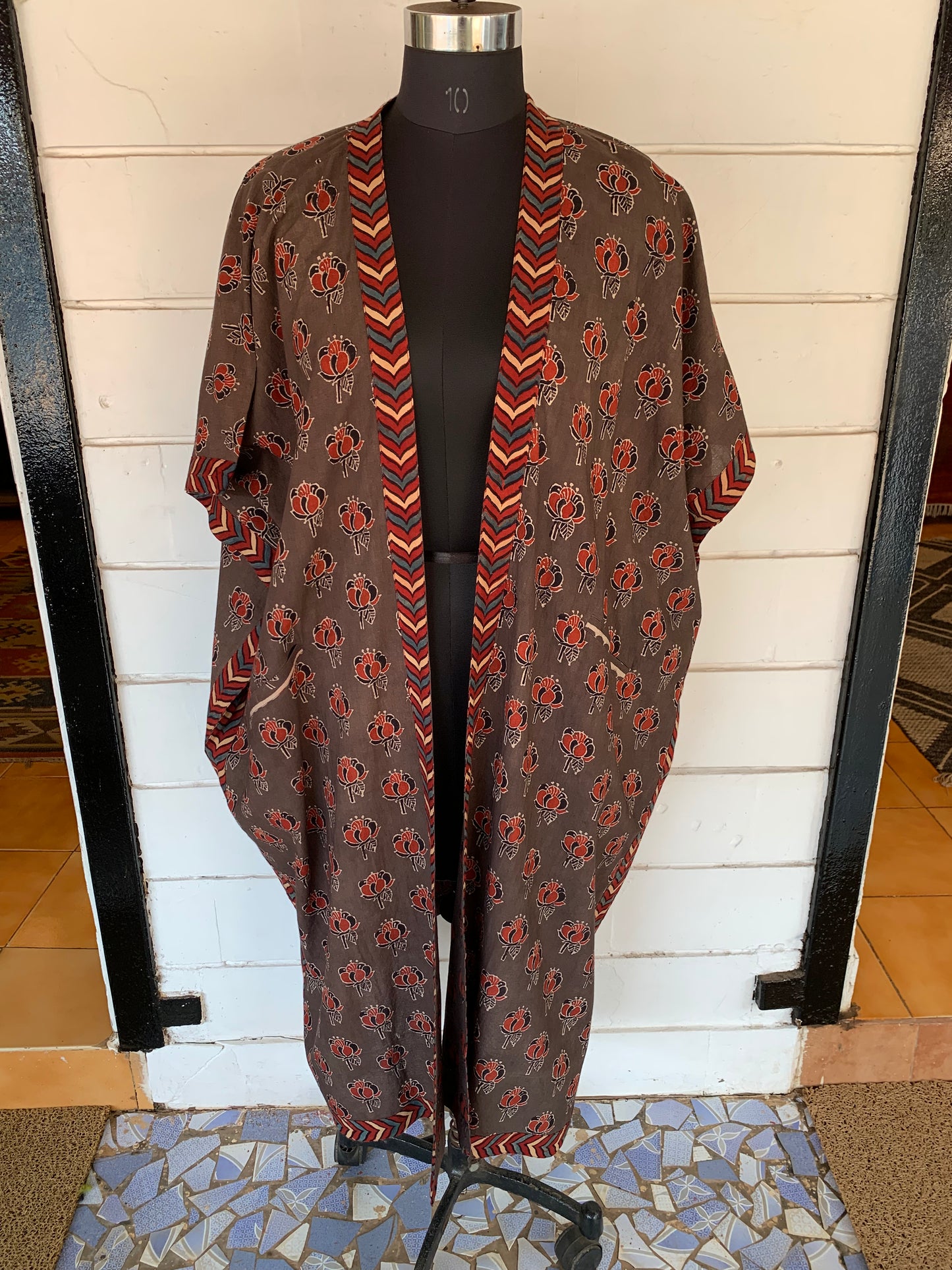 Brown Ajrakh Block Print Kimono Shrug with Pockets