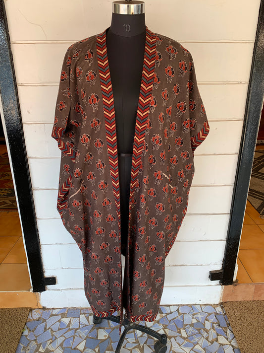 Brown Ajrakh Block Print Kimono Shrug with Pockets