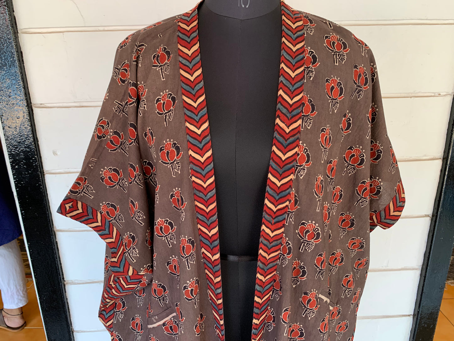 Brown Ajrakh Block Print Kimono Shrug with Pockets