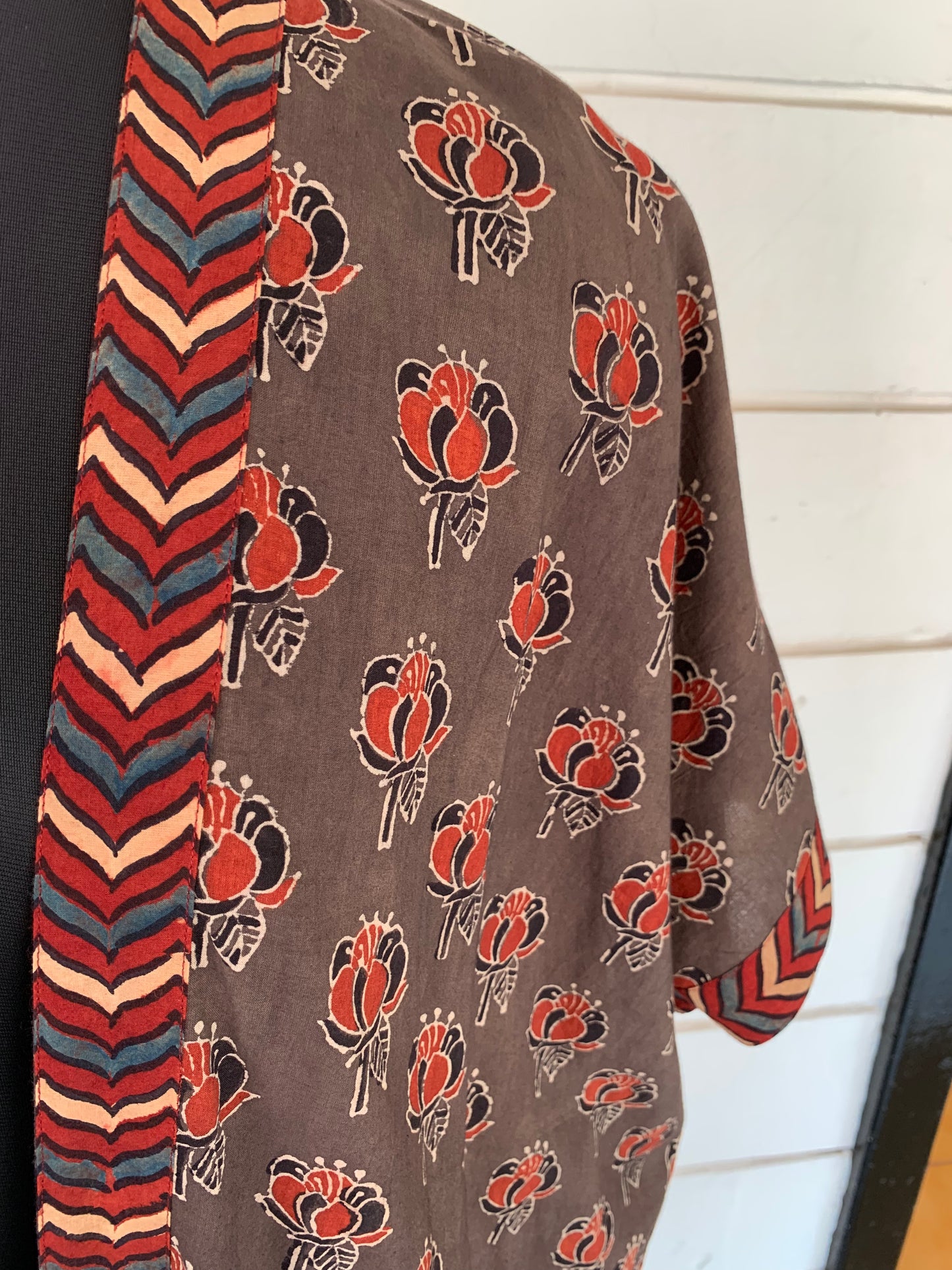 Brown Ajrakh Block Print Kimono Shrug with Pockets