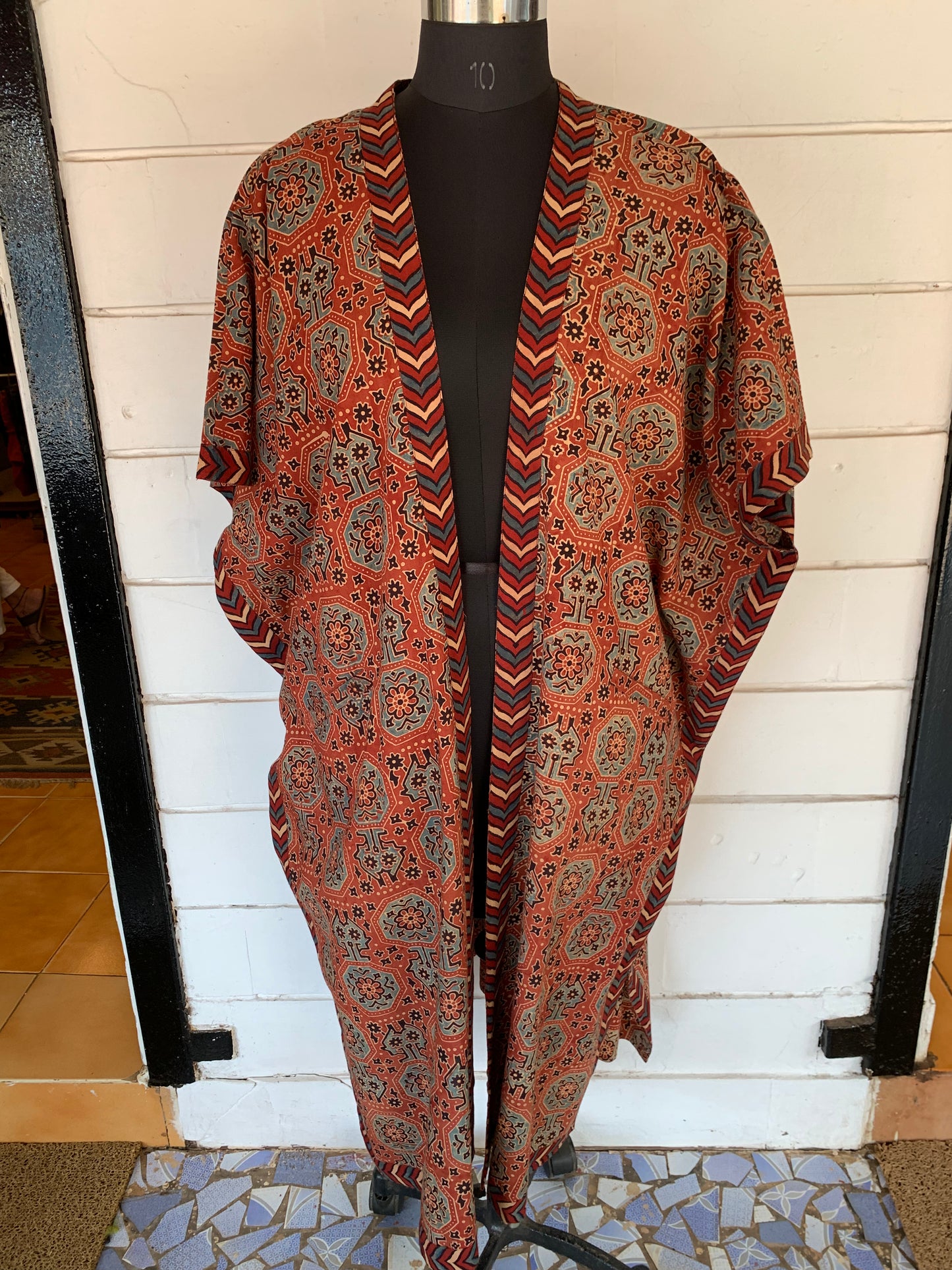 Orange Ajrakh Block Print Kimono Shrug with Pockets