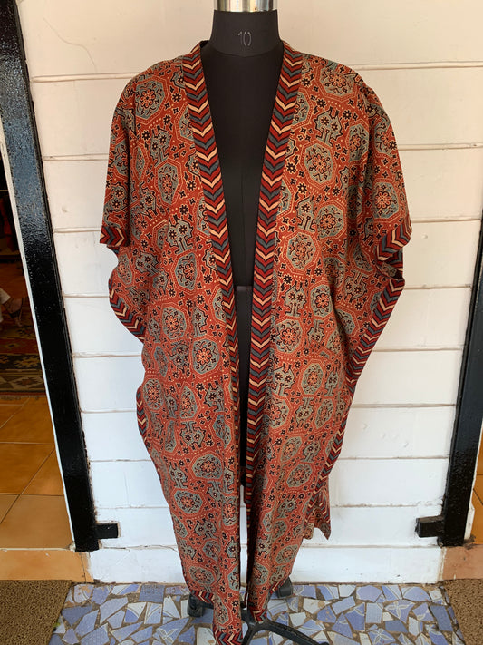 Orange Ajrakh Block Print Kimono Shrug with Pockets