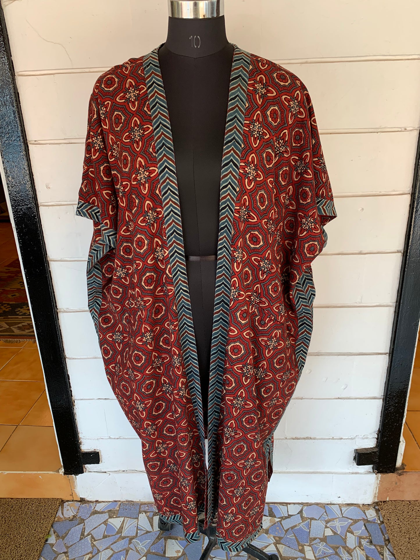 Red Ajrakh Block Print Kimono Shrug with Pockets