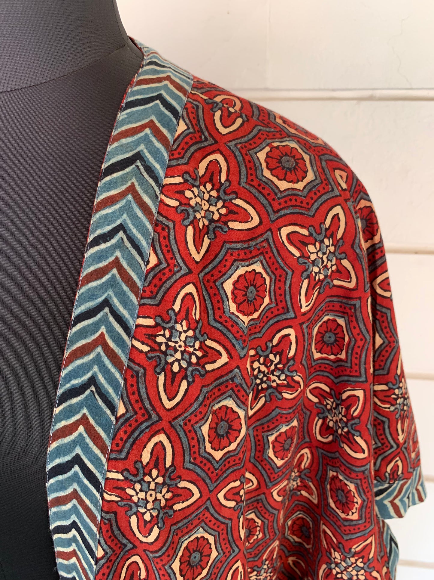 Red Ajrakh Block Print Kimono Shrug with Pockets