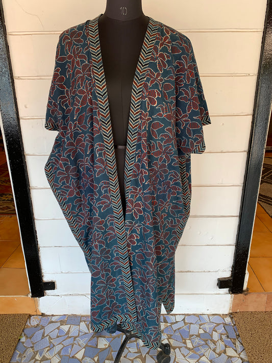 Blue Ajrakh Block Print Kimono Shrug with Pockets