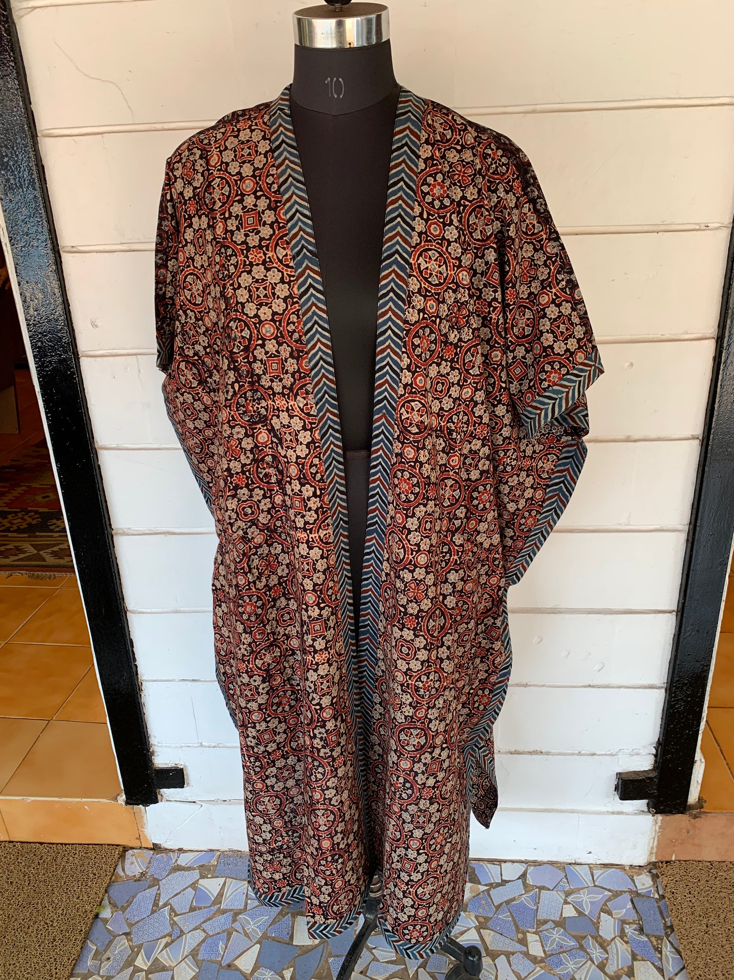 Red & Black Ajrakh Block Print Kimono Shrug with Pockets