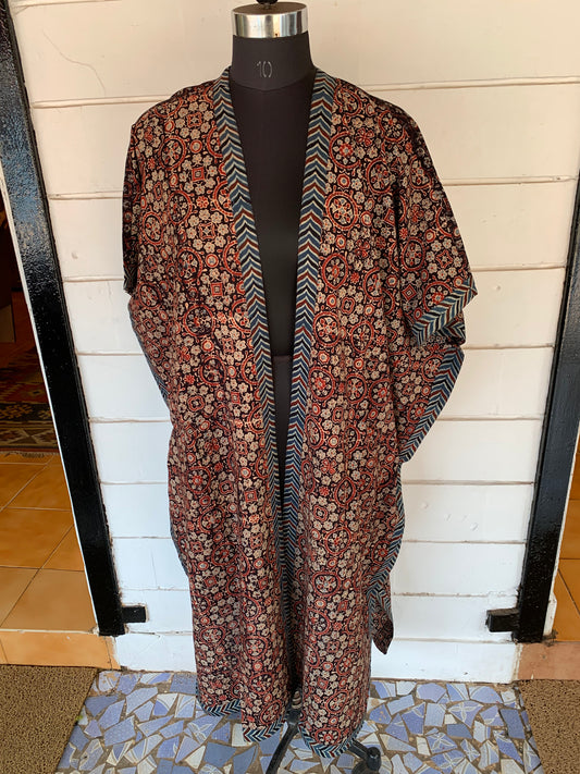Red & Black Ajrakh Block Print Kimono Shrug with Pockets