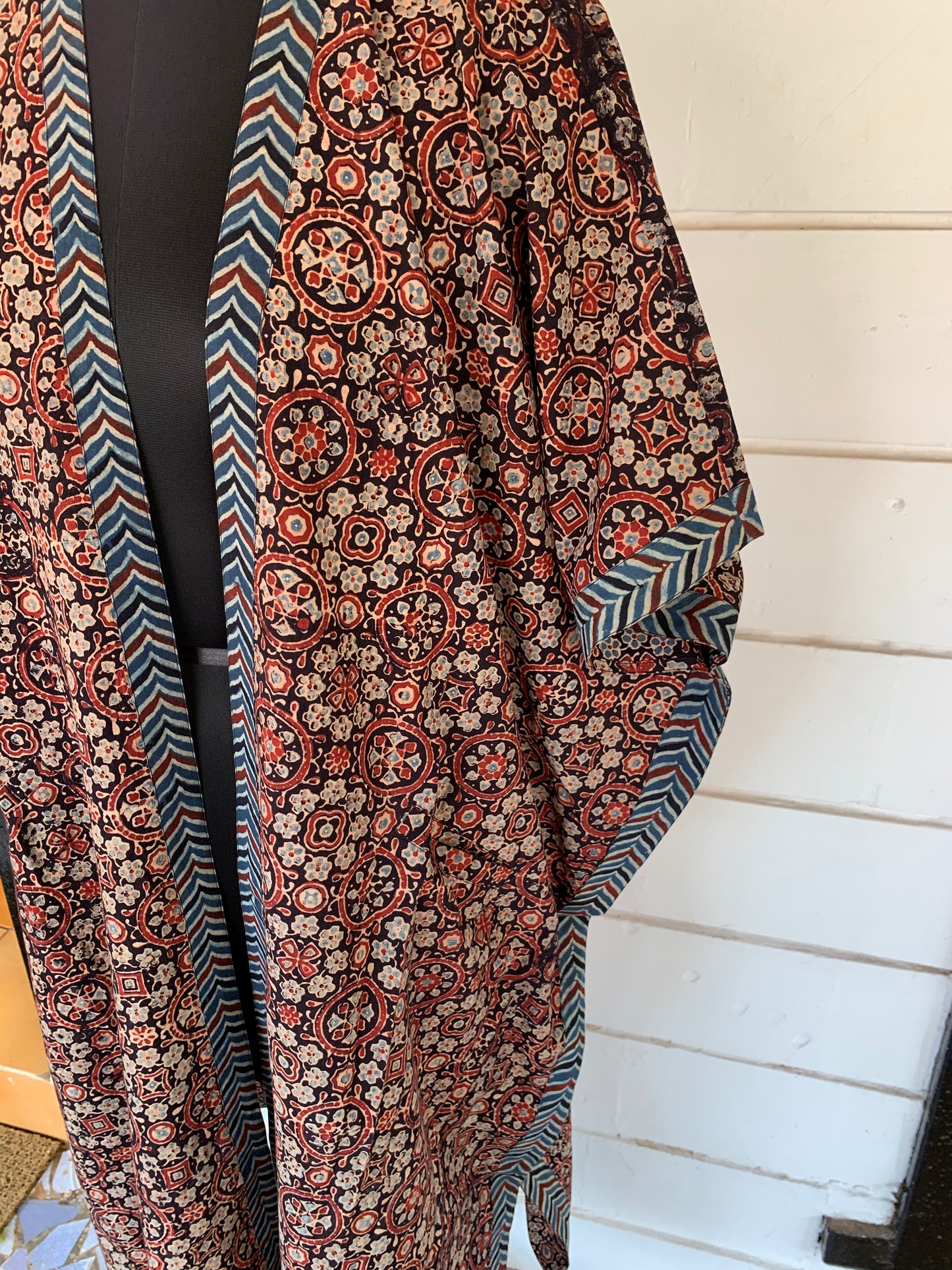 Red & Black Ajrakh Block Print Kimono Shrug with Pockets