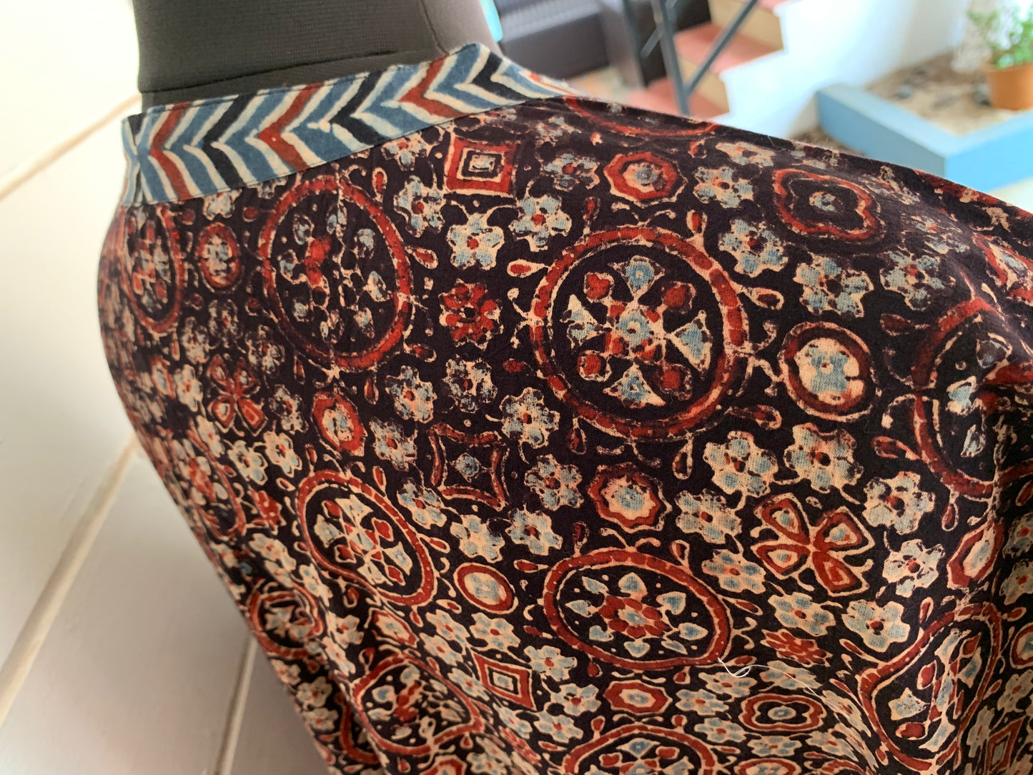 Red & Black Ajrakh Block Print Kimono Shrug with Pockets