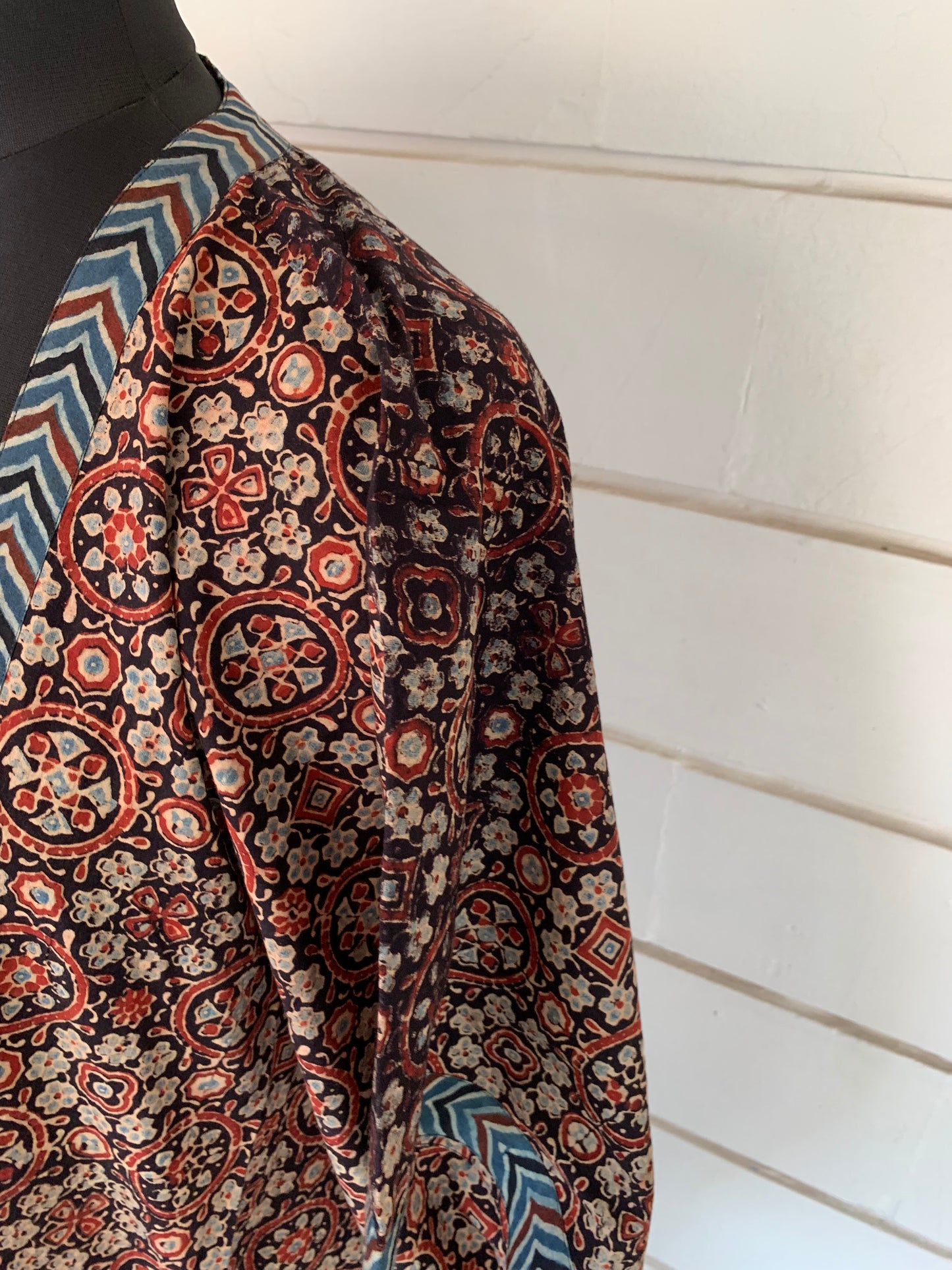 Red & Black Ajrakh Block Print Kimono Shrug with Pockets