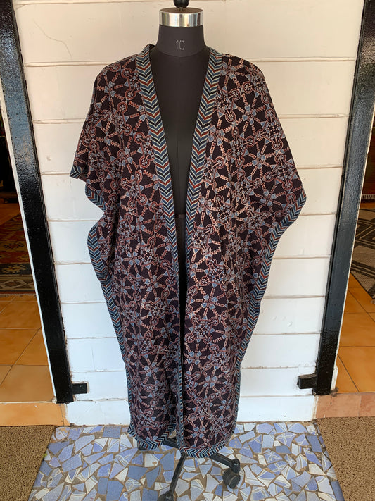 Black Ajrakh Block Print Kimono Shrug with Pockets