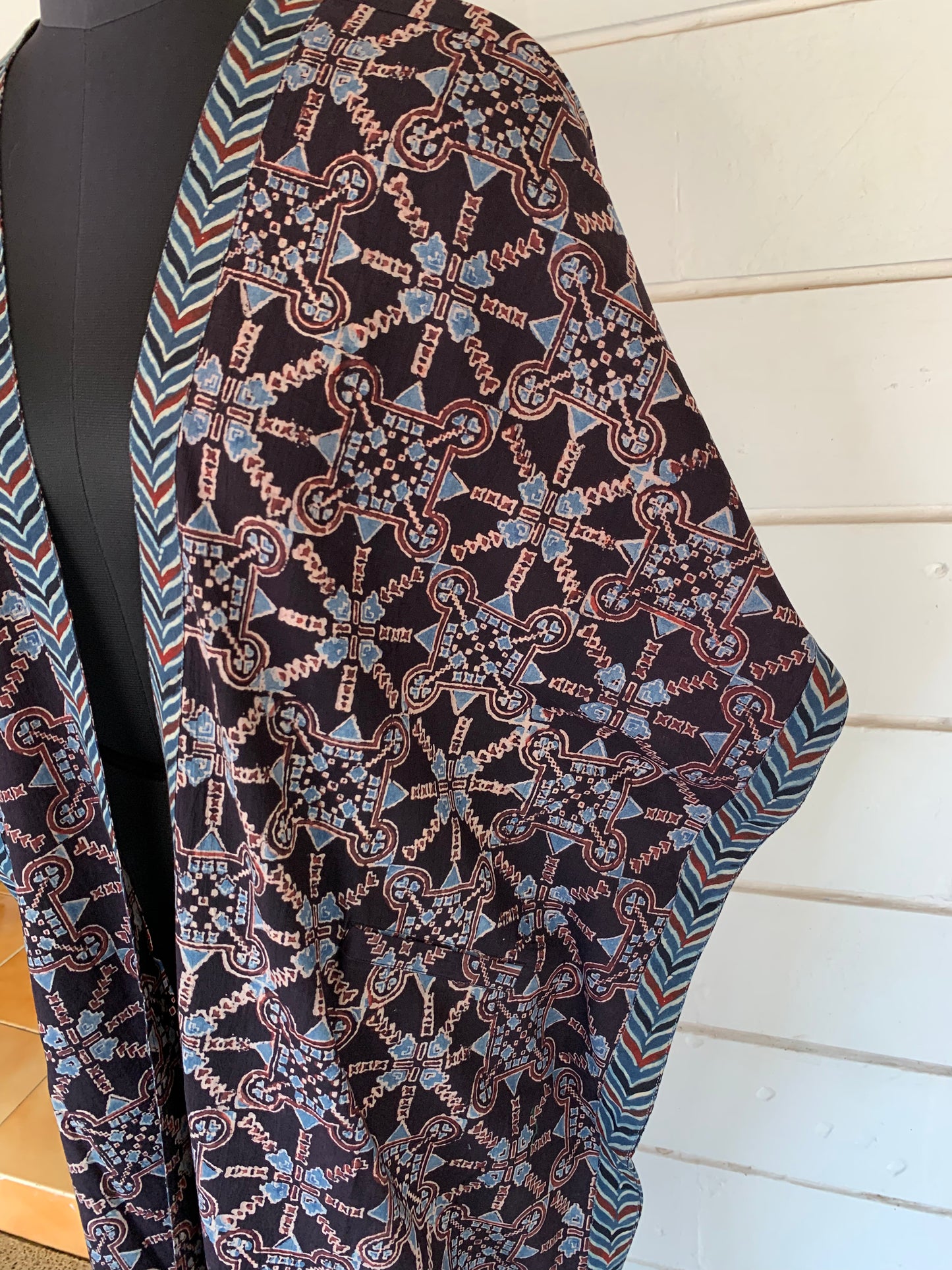 Black Ajrakh Block Print Kimono Shrug with Pockets