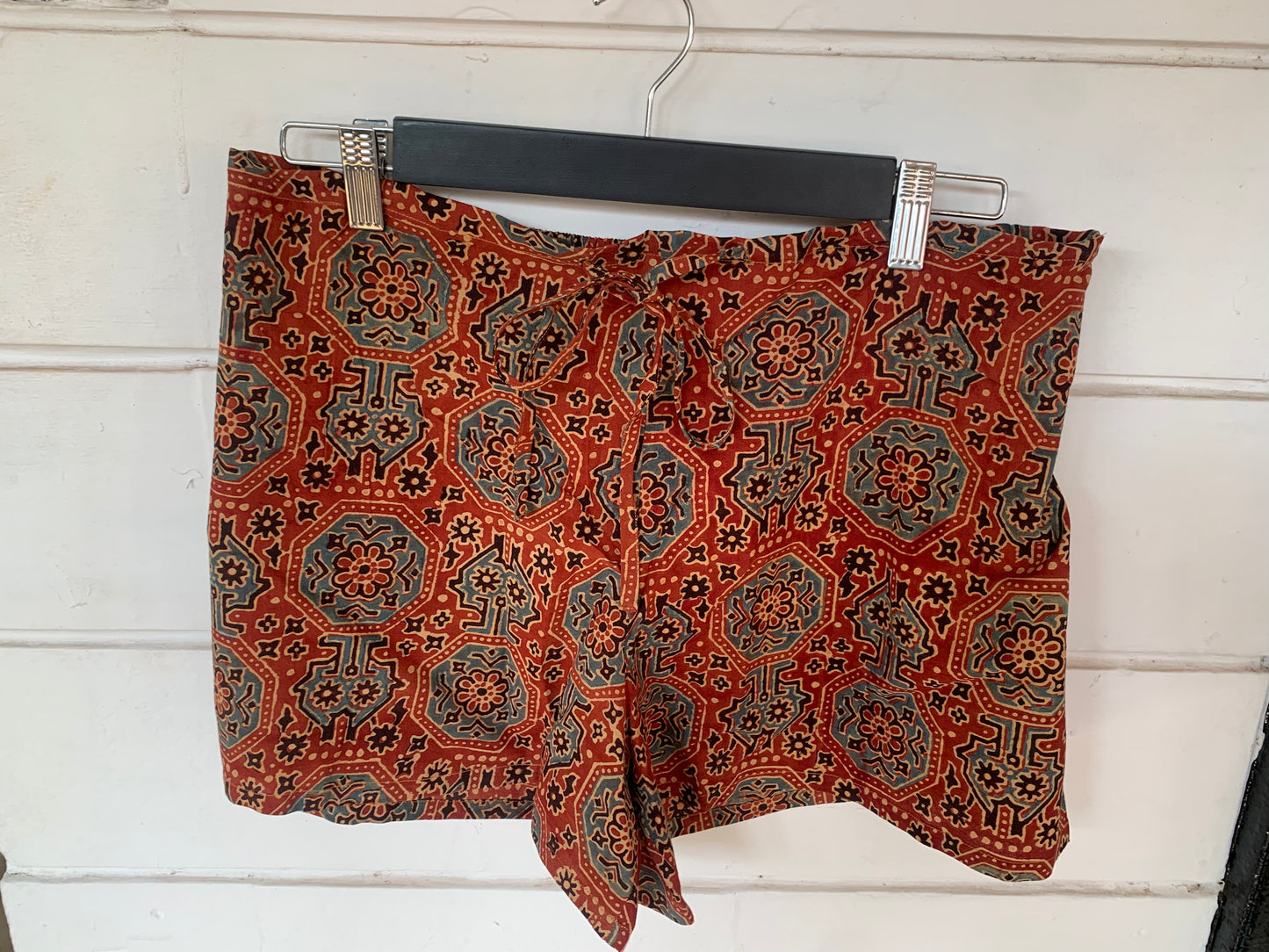 Red Geometric Floral Hand Block Print Kochi Shorts