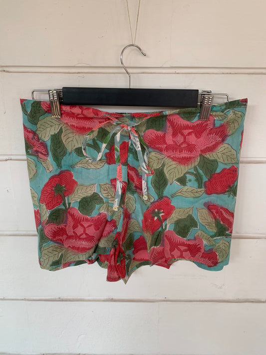 Red & Green Floral Hand Block Print Kochi Shorts