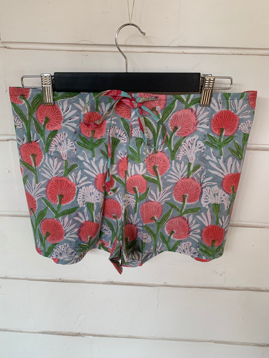 Pink & Gray Floral Hand Block Print Kochi Shorts